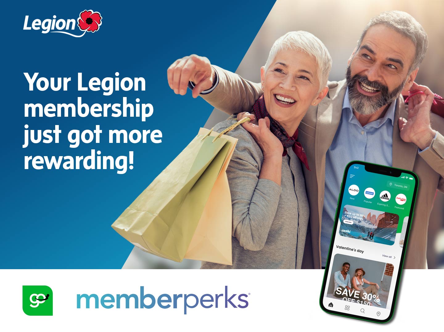 Your Legion membership just got more rewarding! Image: Senior couple carrying shopping bags.