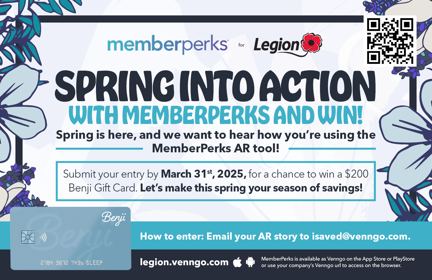 SPRING INTO ACTION WITH MEMBERPERKS AND WIN!
Spring is here, and we want to hear how you're using the
- MemberPerks AR tool! -
Submit your entry by March 31st
*, 2025, for a chance to win a $200
Benji Gift Card. Let's make this spring your season of savings!